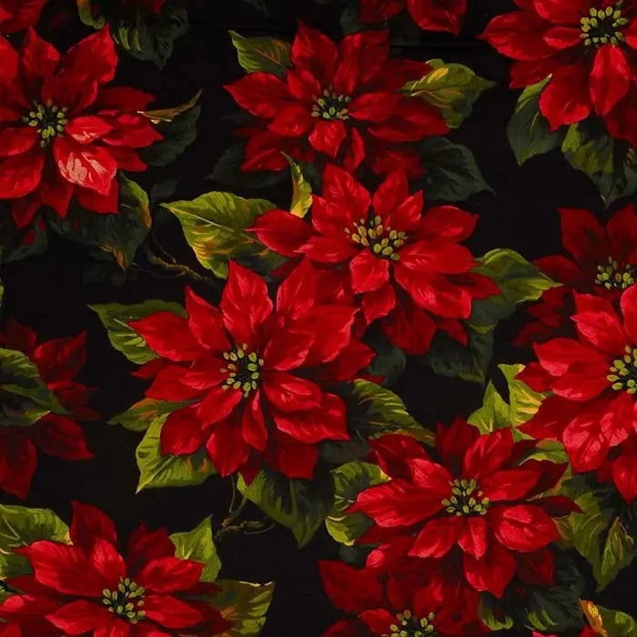 Black Scarlet Poinsettia Cotton Wideback Fabric per yard
