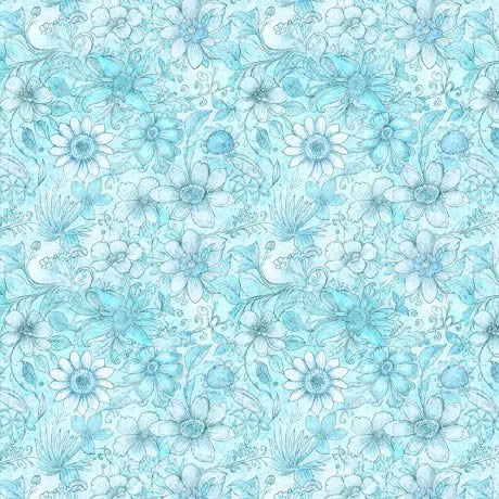 Blue Aqua Flower Tonal Wideback Fabric per yard