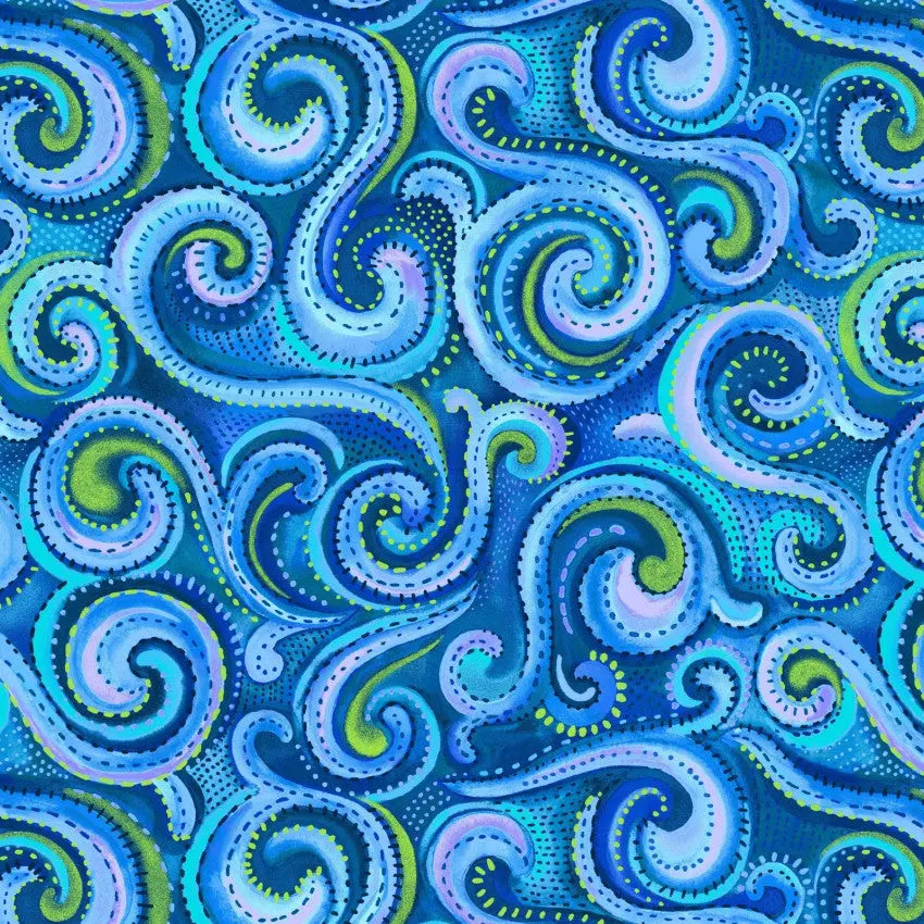 Blue Whirlwind Swirl Cotton Wideback Fabric per yard