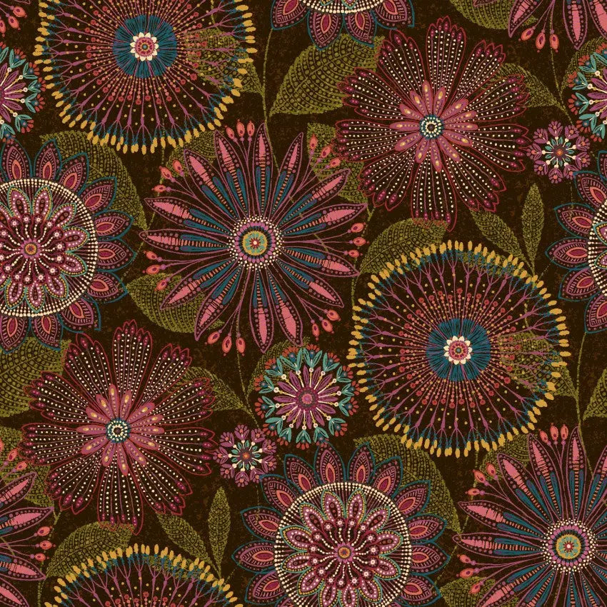 Brown Autumn Floral Medallions Cotton Wideback Fabric per yard