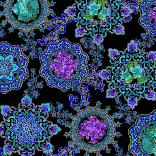 Black Opulent Medallion Cotton Wideback Fabric Per Yard