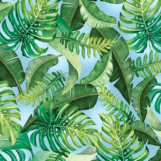 Blue Green Leaves Of Paradise Cotton Wideback Fabric per yard