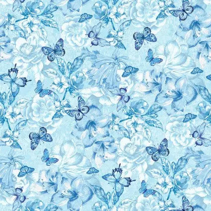 Blue Monotone Butterfly and Floral Cotton Wideback Fabric per yard