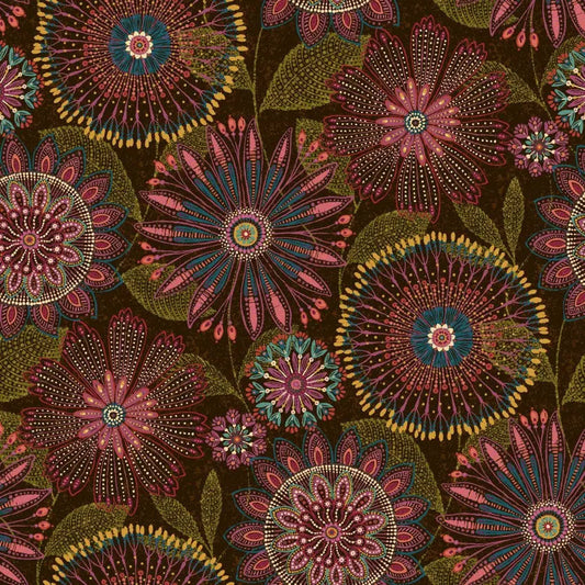 Brown Autumn Floral Medallions Cotton Wideback Fabric per yard
