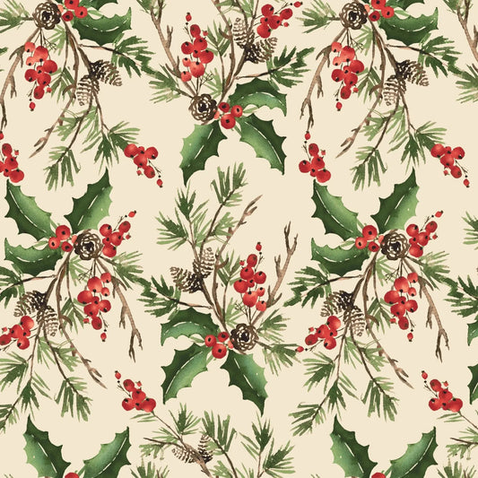 Cream Holly Bouquet Cotton Wideback Fabric per yard