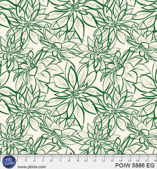 Green on Cream Poinsettia Cotton Wideback Fabric per yard