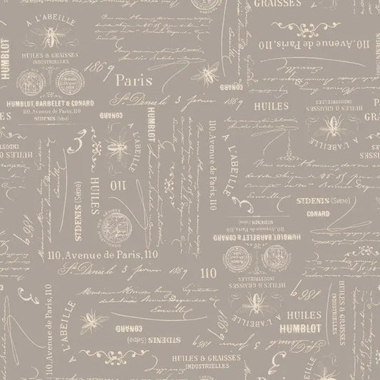 Grey Charcoal Bee Script Cotton Wideback Fabric per yard